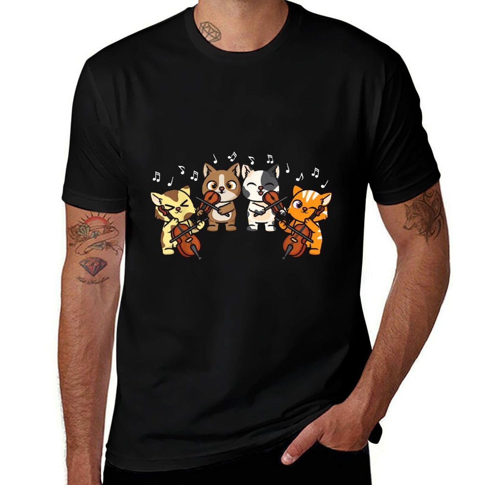 Funny Cats Playing Violin Cello Orchestra Musician Music  Moisture-wicking T-Shirt