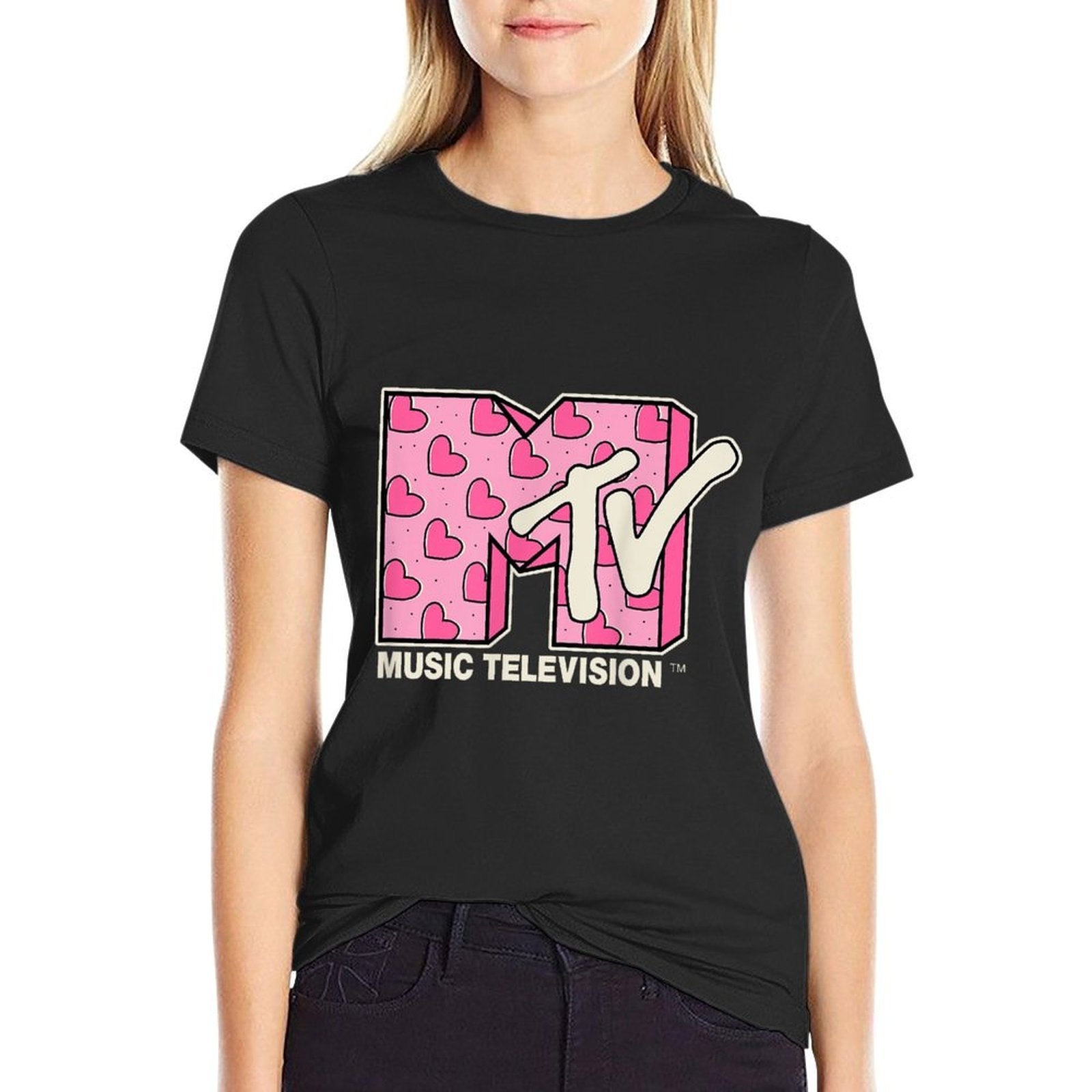 MTV Music Television Valentines Day Heart Pattern Fill  Cotton T-Shirt