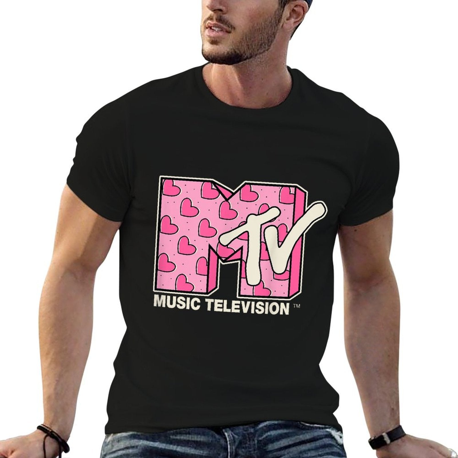 MTV Music Television Valentines Day Heart Pattern Fill  Cotton T-Shirt