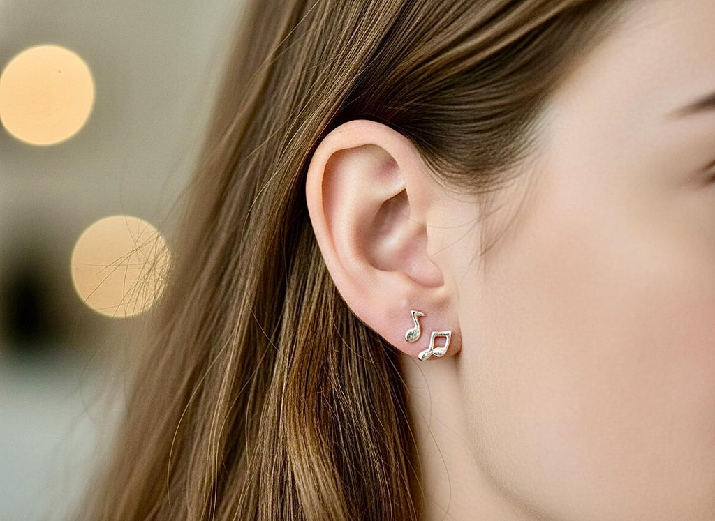 925 Silver Music Note Stud Earrings music teacher gift music lover band member sterling silver Elegant Modern Womans Girls hypoallergenic