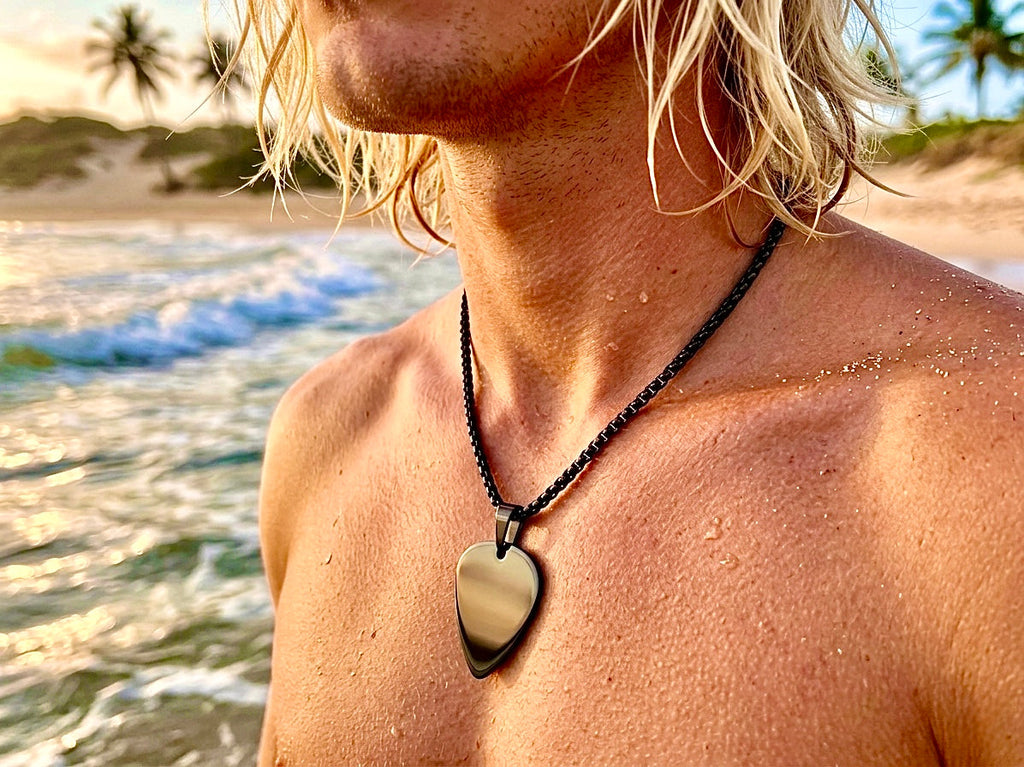 Guitar Pick Necklace Black Silver Waterproof Hypoallergenic Stainless Steel Pendant Heavy Chain Mens and Boys Jewelry jewellery