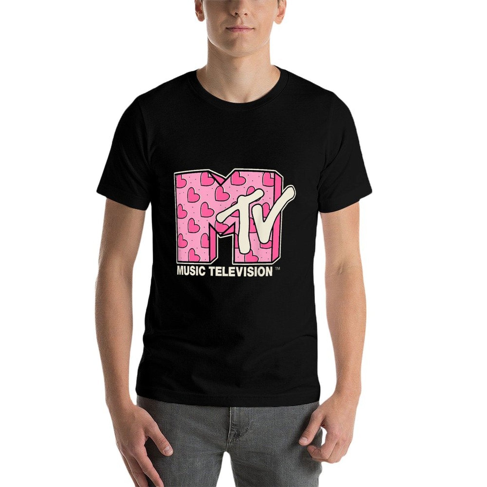 MTV Music Television Valentines Day Heart Pattern Fill  Cotton T-Shirt