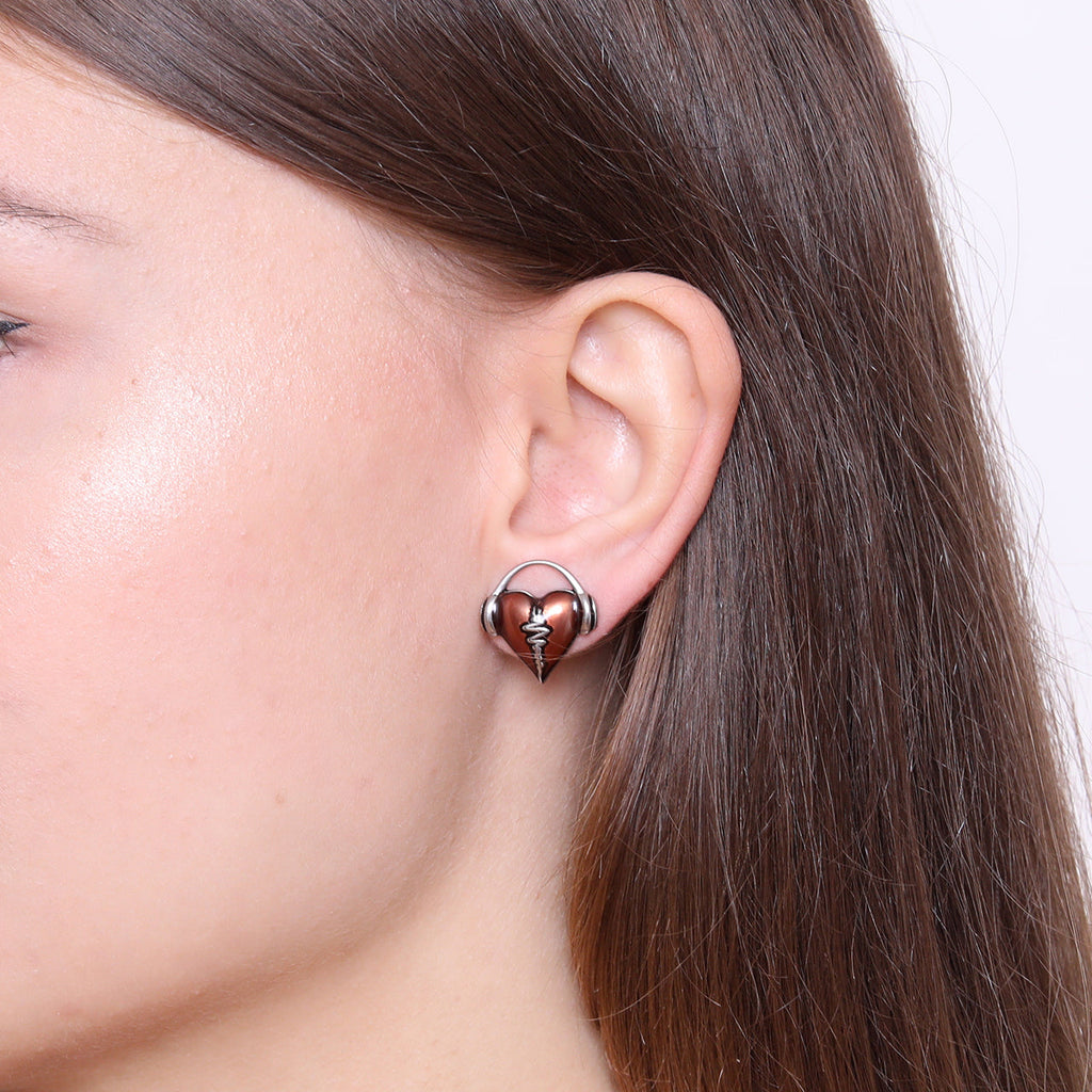 Heartbeat Stud Earrings Red Enamel Silver Minimalist